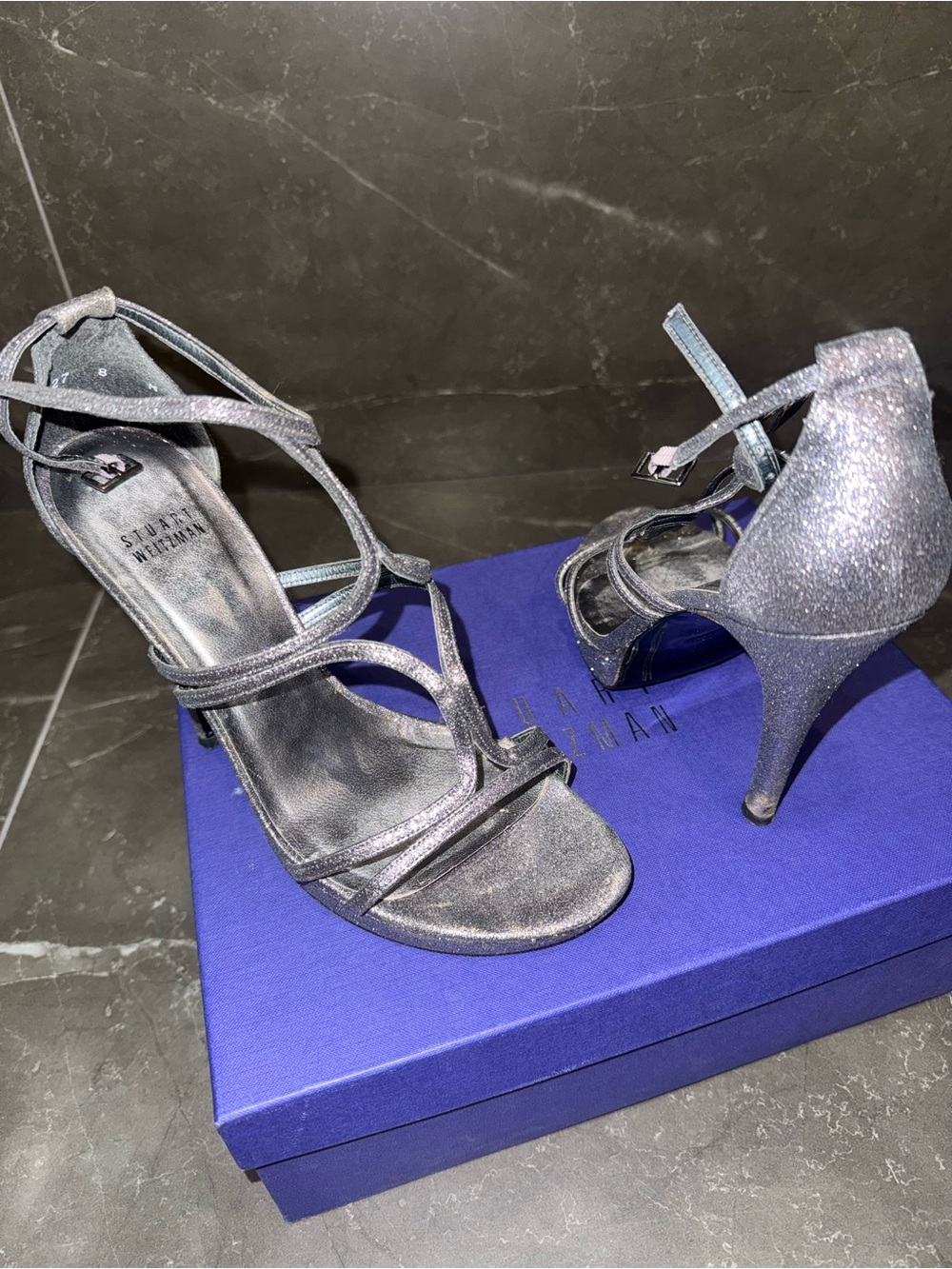 Stuart Weitzman Glitter Silver Strappy High Heel Sandals